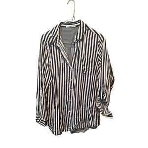 Jane & Delancey Shirt Womens Large Blue White Stripe Rayon Long Sleeve Button Up
